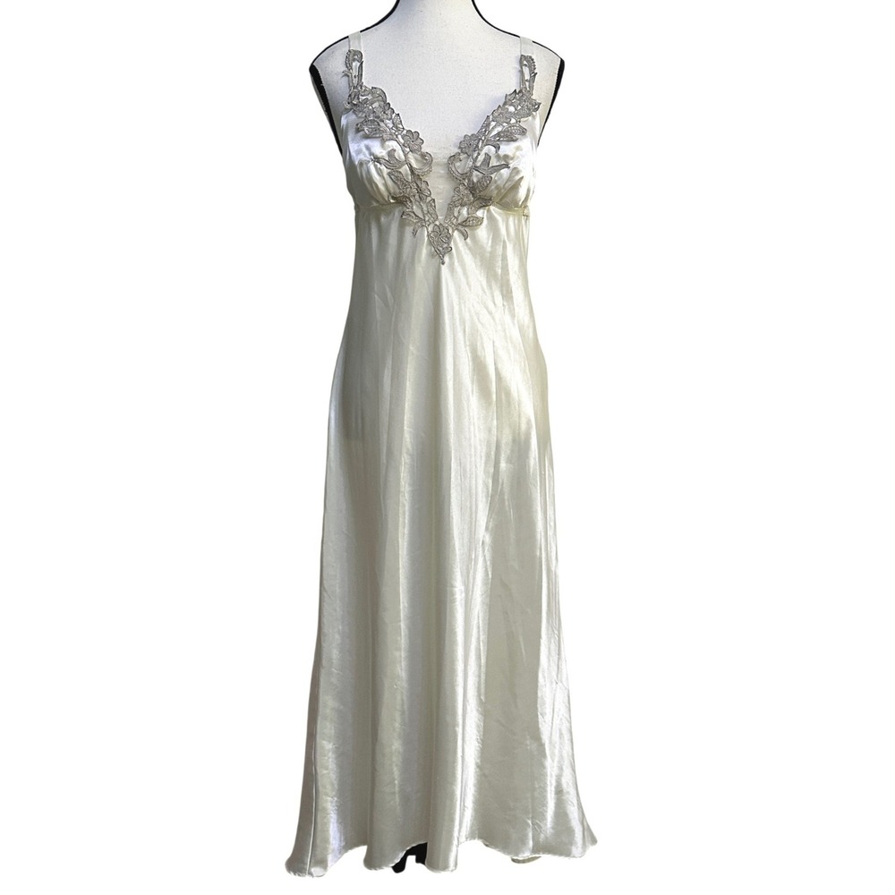 Ivory Satin Slip Dress Maxi Nightgown Lace Trim M Bridal Coquette Ethereal Cream